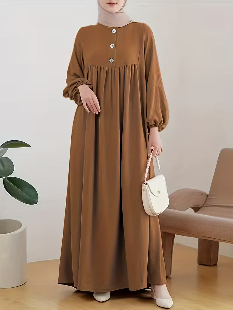 New 2026 Muslim Women'S Robe Caramel Color Fashion Casual Bubble Sleeve Easy Loose Solid Color Dress Without Headscarf
