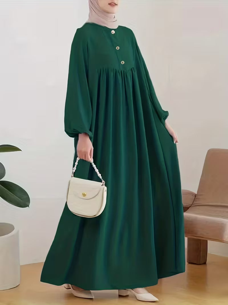New 2026 Muslim Women'S Robe Caramel Color Fashion Casual Bubble Sleeve Easy Loose Solid Color Dress Without Headscarf
