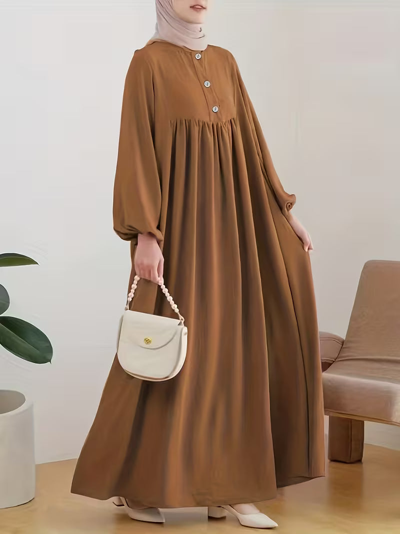 New 2026 Muslim Women'S Robe Caramel Color Fashion Casual Bubble Sleeve Easy Loose Solid Color Dress Without Headscarf