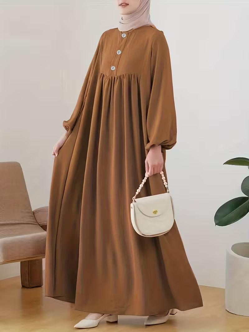 New 2026 Muslim Women'S Robe Caramel Color Fashion Casual Bubble Sleeve Easy Loose Solid Color Dress Without Headscarf