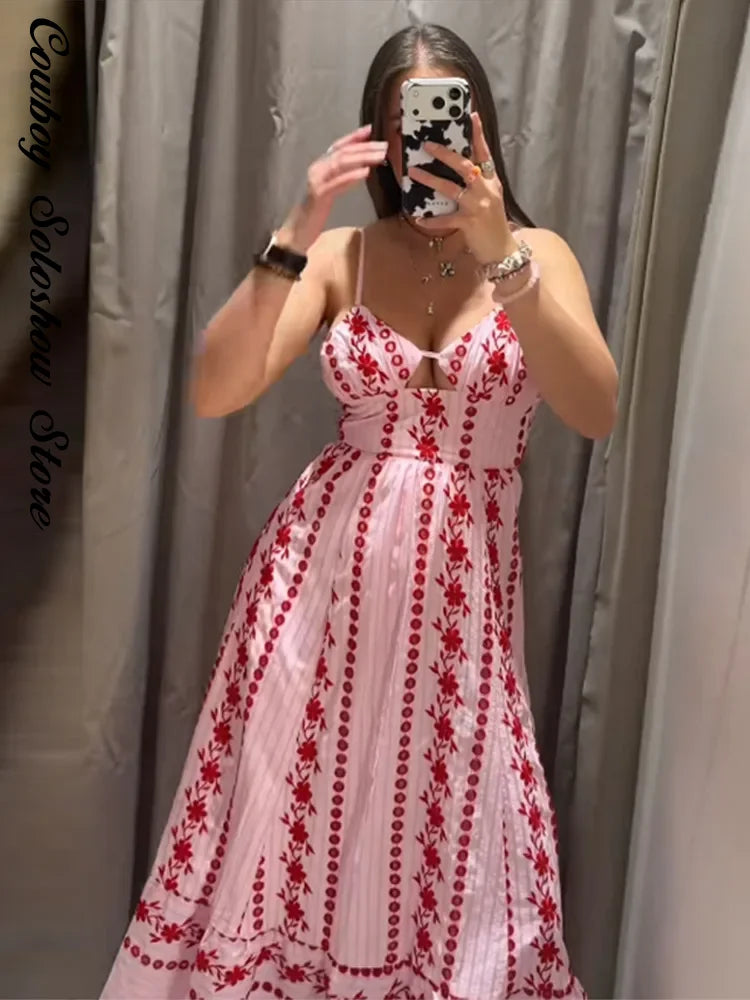 Printed Ruffle Top Skirt Set Women Slim Sling Sleeveless Backless Vest Straight Long Skirts 2025 Summer Elegant Sexy Lady Outfit Chictechhub
