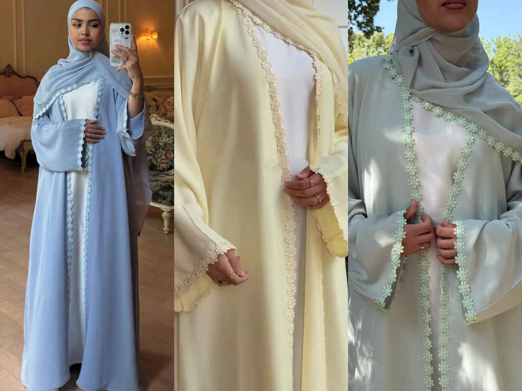 New Abaya 2026 Nida Fabric Lace Flower Abaya Islamic Clothing Women Open Abaya Muslim Women Cardigan with Hijab BEAUTY ABAYA BOUTIQUE