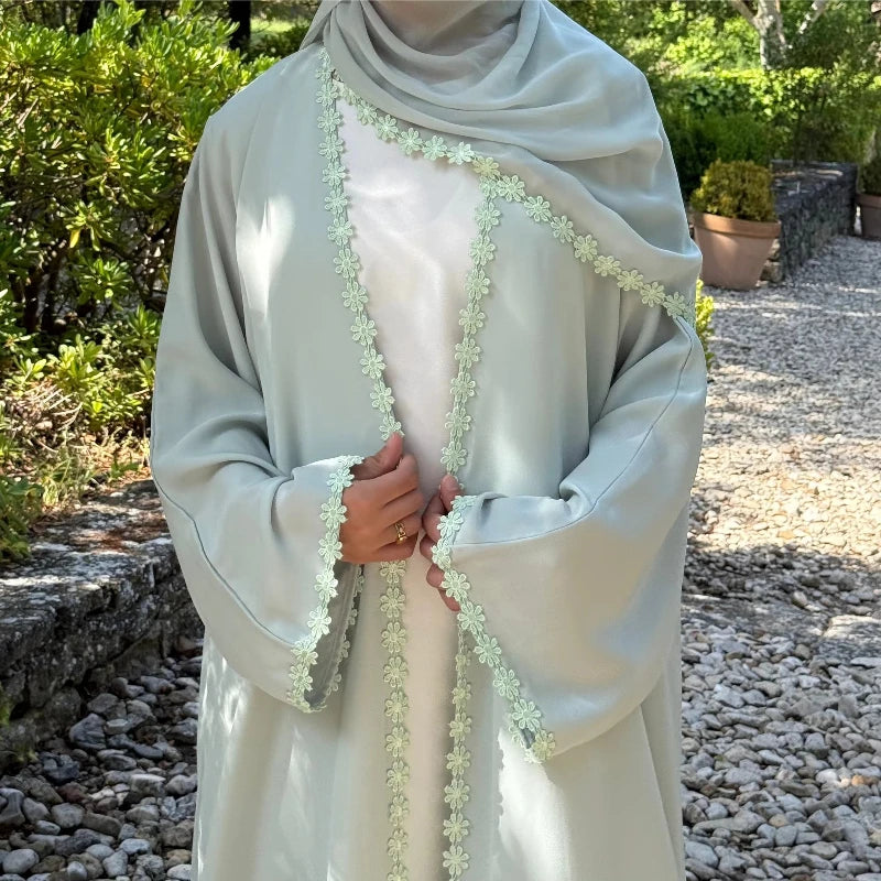 New Abaya 2026 Nida Fabric Lace Flower Abaya Islamic Clothing Women Open Abaya Muslim Women Cardigan with Hijab BEAUTY ABAYA BOUTIQUE