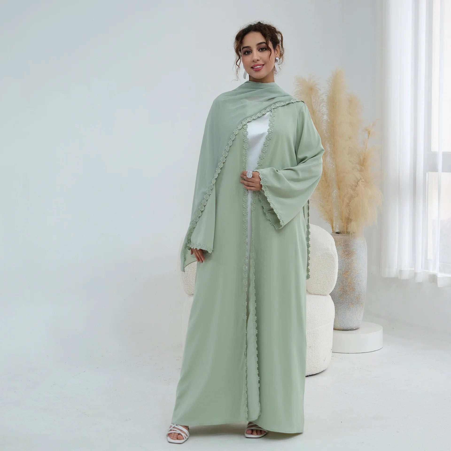 New Abaya 2026 Nida Fabric Lace Flower Abaya Islamic Clothing Women Open Abaya Muslim Women Cardigan with Hijab BEAUTY ABAYA BOUTIQUE