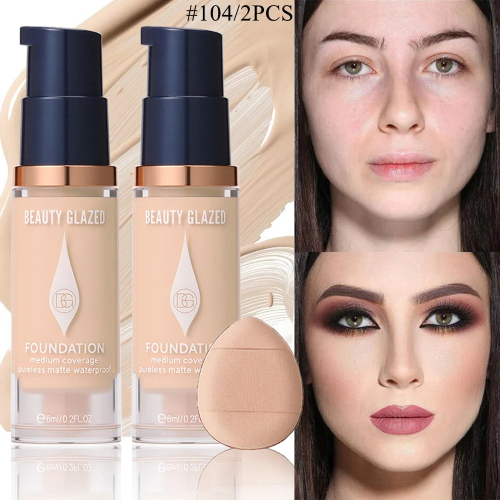 Face Foundation Makeup Set:2 Matte Foundation+1 Puff,Full Coverage,5 Shades,For All Skin Types,Long-Lasting Waterproof,Mini Size beautyabayaboutique.online