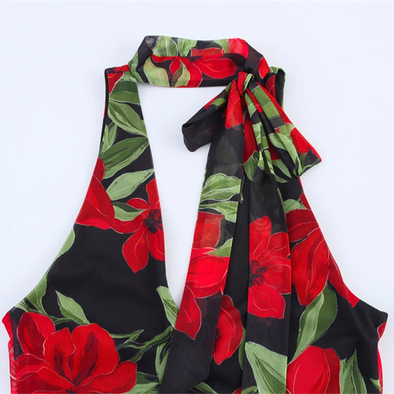 Printed Ruffle Top Skirt Set Women Slim Sling Sleeveless Backless Vest Straight Long Skirts 2025 Summer Elegant Sexy Lady Outfit Chictechhub