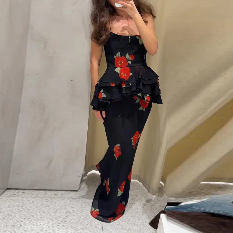 Printed Ruffle Top Skirt Set Women Slim Sling Sleeveless Backless Vest Straight Long Skirts 2025 Summer Elegant Sexy Lady Outfit Chictechhub
