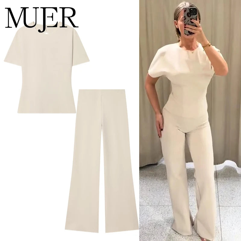 MUJER Wide Leg Pants Set Woman Flared High Waist Pants Two Piece Set for Women Cut out Top Woman Outfit Summer Trousers Suits Chictechhub