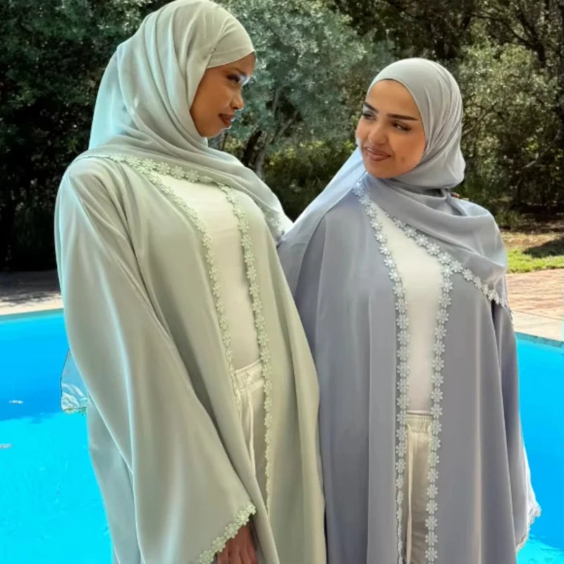 New Abaya 2026 Nida Fabric Lace Flower Abaya Islamic Clothing Women Open Abaya Muslim Women Cardigan with Hijab BEAUTY ABAYA BOUTIQUE