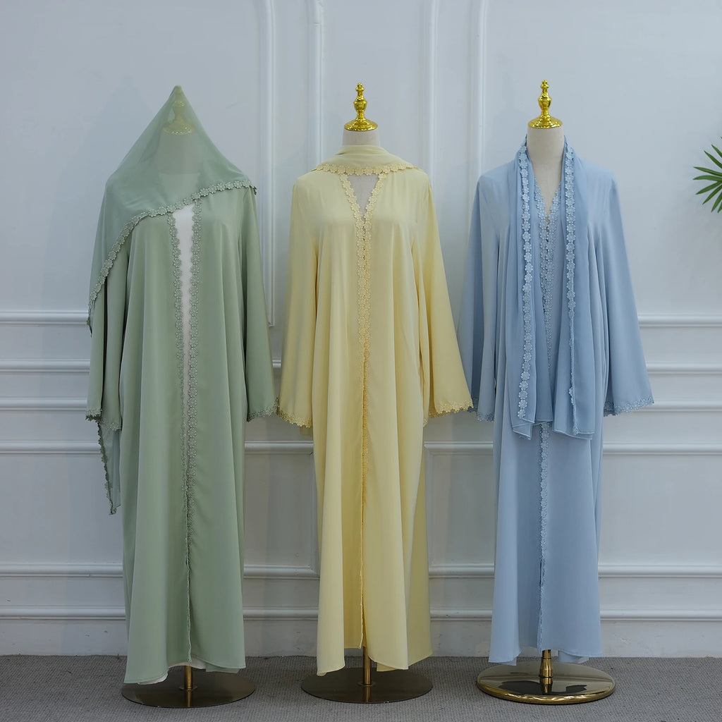 New Abaya 2026 Nida Fabric Lace Flower Abaya Islamic Clothing Women Open Abaya Muslim Women Cardigan with Hijab BEAUTY ABAYA BOUTIQUE