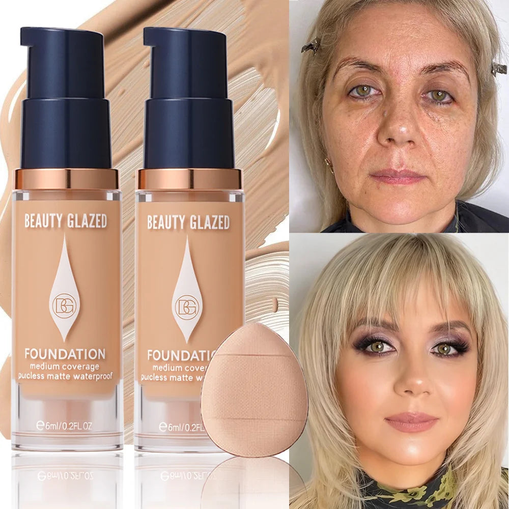 Face Foundation Makeup Set:2 Matte Foundation+1 Puff,Full Coverage,5 Shades,For All Skin Types,Long-Lasting Waterproof,Mini Size beautyabayaboutique.online
