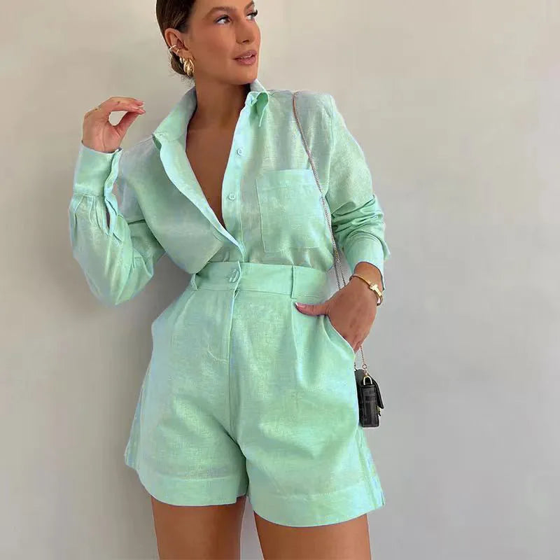 Women's Long Sleeve 2-Piece Set Casual Button Detail Shorts Outfit with Shirt Top Summer Fashion Female Suit Chictechhub