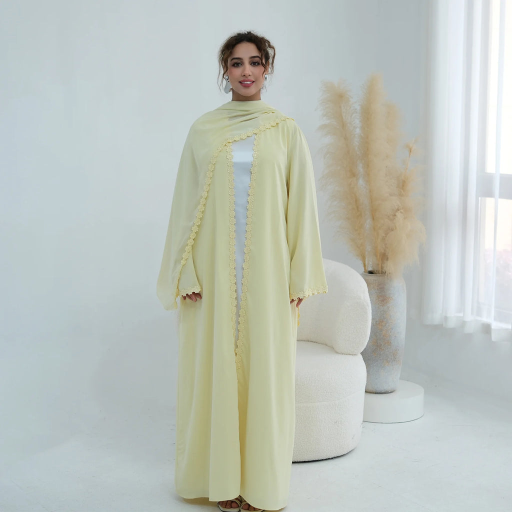 New Abaya 2026 Nida Fabric Lace Flower Abaya Islamic Clothing Women Open Abaya Muslim Women Cardigan with Hijab BEAUTY ABAYA BOUTIQUE