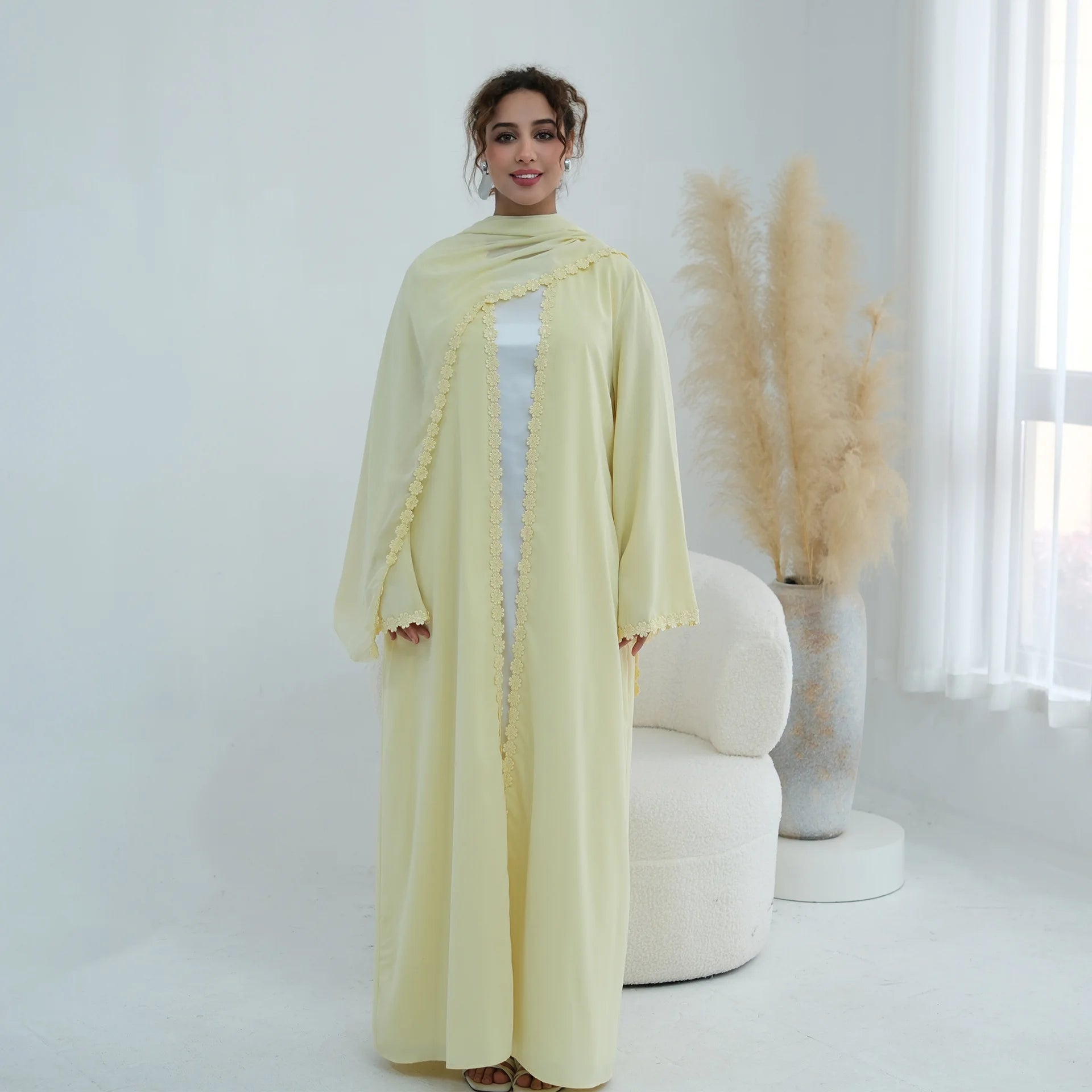 New Abaya 2026 Nida Fabric Lace Flower Abaya Islamic Clothing Women Open Abaya Muslim Women Cardigan with Hijab BEAUTY ABAYA BOUTIQUE