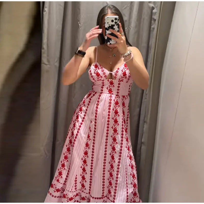 Printed Ruffle Top Skirt Set Women Slim Sling Sleeveless Backless Vest Straight Long Skirts 2025 Summer Elegant Sexy Lady Outfit Chictechhub
