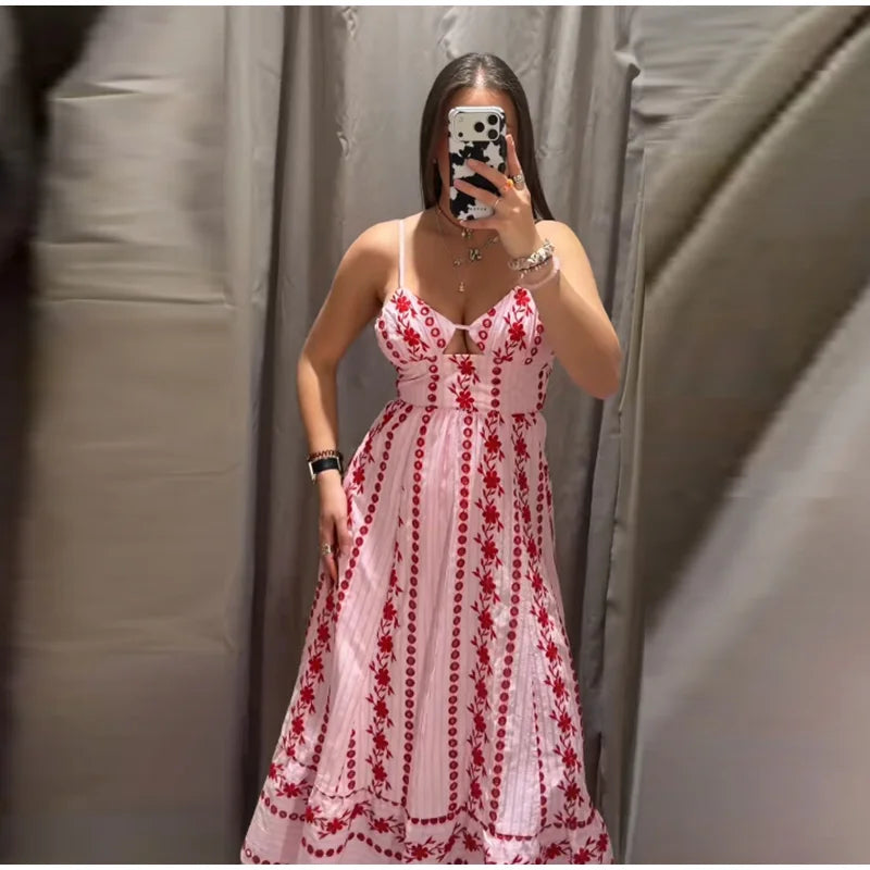 Printed Ruffle Top Skirt Set Women Slim Sling Sleeveless Backless Vest Straight Long Skirts 2025 Summer Elegant Sexy Lady Outfit Chictechhub
