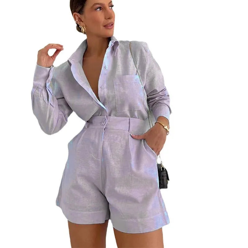 Women's Long Sleeve 2-Piece Set Casual Button Detail Shorts Outfit with Shirt Top Summer Fashion Female Suit Chictechhub