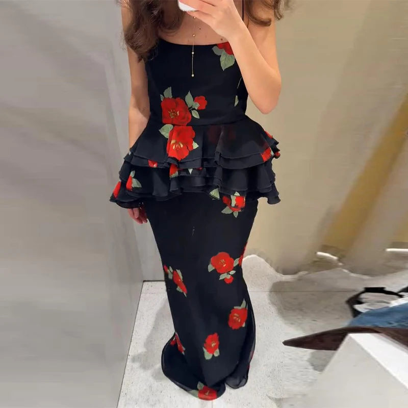 Printed Ruffle Top Skirt Set Women Slim Sling Sleeveless Backless Vest Straight Long Skirts 2025 Summer Elegant Sexy Lady Outfit Chictechhub
