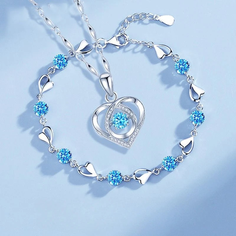 925 Sterling Silver Heart Shaped Necklace Bracelet Set for Women Vintage Korean Crystal Bracelets High Quality Set Party Jewelry BEAUTY ABAYA BOUTIQUE