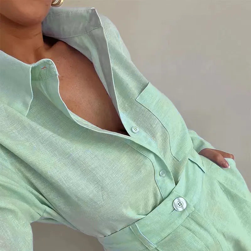 Women's Long Sleeve 2-Piece Set Casual Button Detail Shorts Outfit with Shirt Top Summer Fashion Female Suit Chictechhub