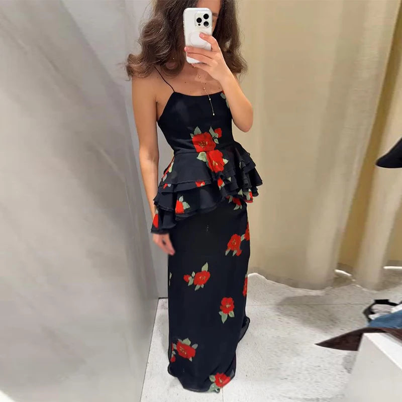 Printed Ruffle Top Skirt Set Women Slim Sling Sleeveless Backless Vest Straight Long Skirts 2025 Summer Elegant Sexy Lady Outfit Chictechhub