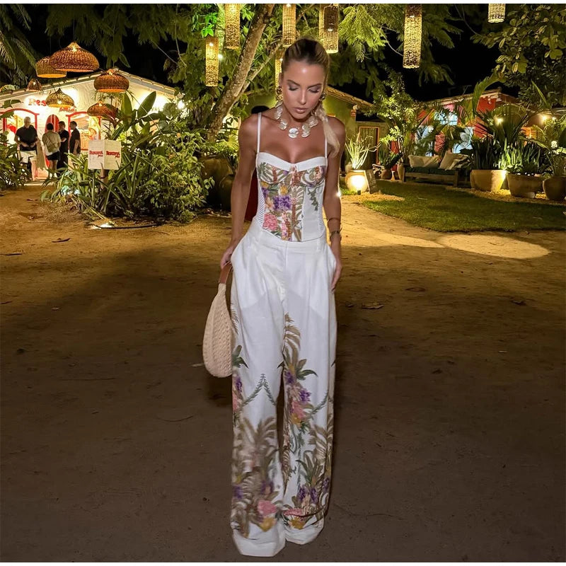 Floral Print Pants 3-piece Set Women Elegant Oversized Blazer Corset Top Sling Top Suit 2026 New Lady Holiday Bohemian Outfit Chictechhub