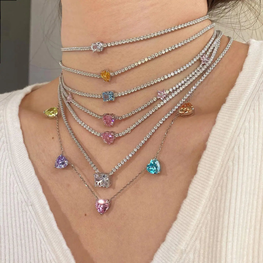5 PCS Big Heart Shaped Stone Birthstone Pastel Colorful Fashion Women Jewelry Charm Choker Necklace