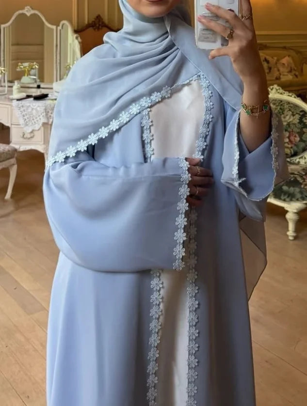 New Abaya 2026 Nida Fabric Lace Flower Abaya Islamic Clothing Women Open Abaya Muslim Women Cardigan with Hijab BEAUTY ABAYA BOUTIQUE