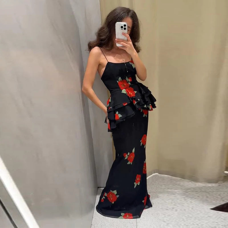 Printed Ruffle Top Skirt Set Women Slim Sling Sleeveless Backless Vest Straight Long Skirts 2025 Summer Elegant Sexy Lady Outfit Chictechhub