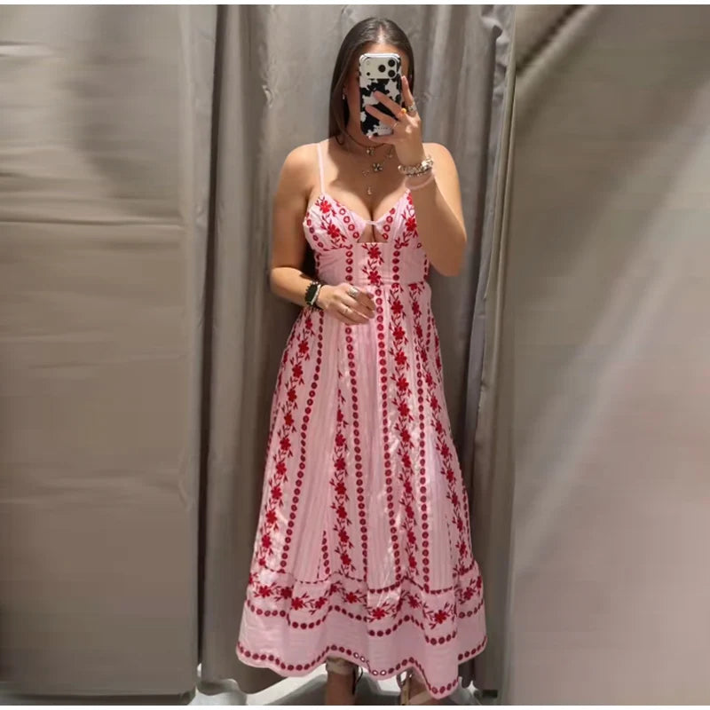 Printed Ruffle Top Skirt Set Women Slim Sling Sleeveless Backless Vest Straight Long Skirts 2025 Summer Elegant Sexy Lady Outfit Chictechhub