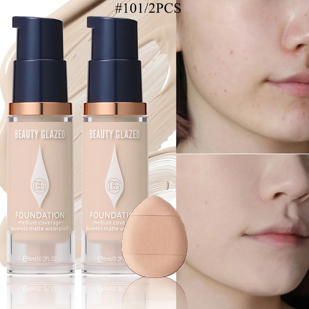 Face Foundation Makeup Set:2 Matte Foundation+1 Puff,Full Coverage,5 Shades,For All Skin Types,Long-Lasting Waterproof,Mini Size beautyabayaboutique.online