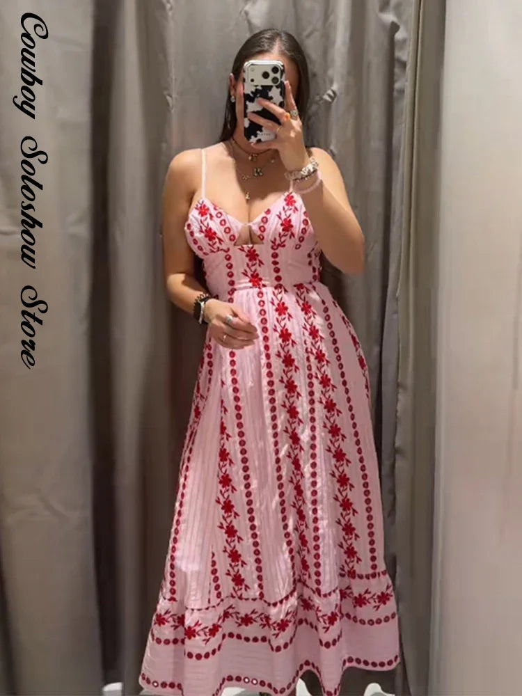 Printed Ruffle Top Skirt Set Women Slim Sling Sleeveless Backless Vest Straight Long Skirts 2025 Summer Elegant Sexy Lady Outfit Chictechhub