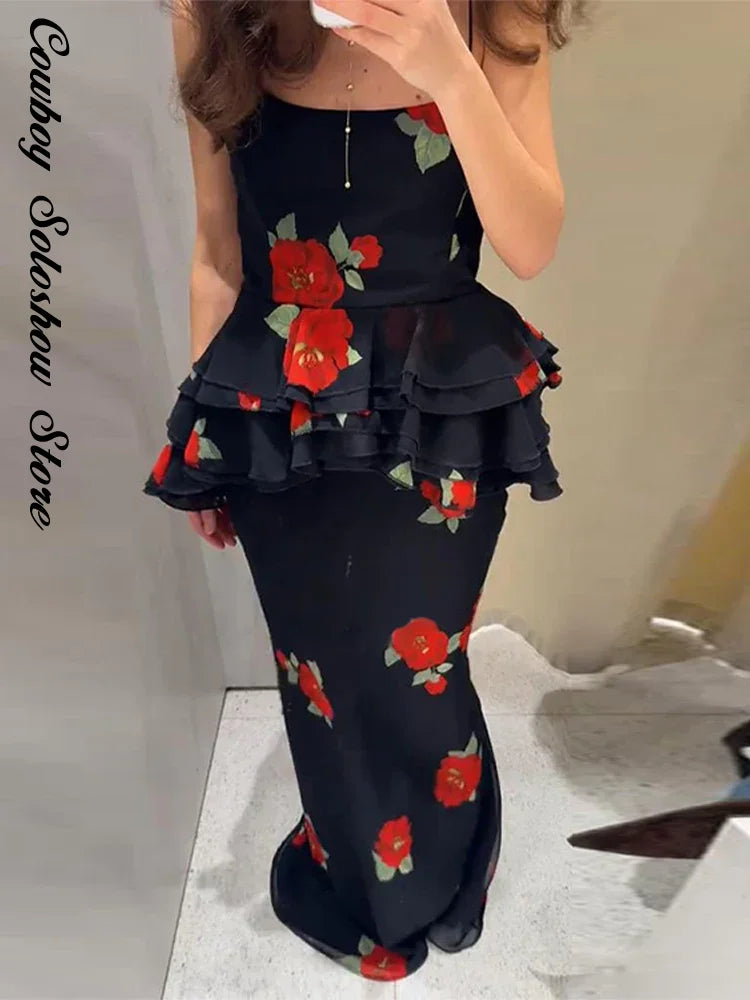 Printed Ruffle Top Skirt Set Women Slim Sling Sleeveless Backless Vest Straight Long Skirts 2025 Summer Elegant Sexy Lady Outfit Chictechhub