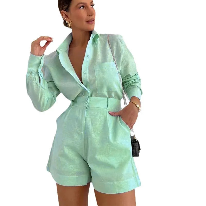 Women's Long Sleeve 2-Piece Set Casual Button Detail Shorts Outfit with Shirt Top Summer Fashion Female Suit Chictechhub