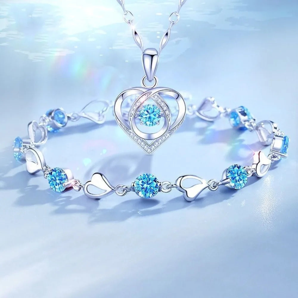 925 Sterling Silver Heart Shaped Necklace Bracelet Set for Women Vintage Korean Crystal Bracelets High Quality Set Party Jewelry BEAUTY ABAYA BOUTIQUE
