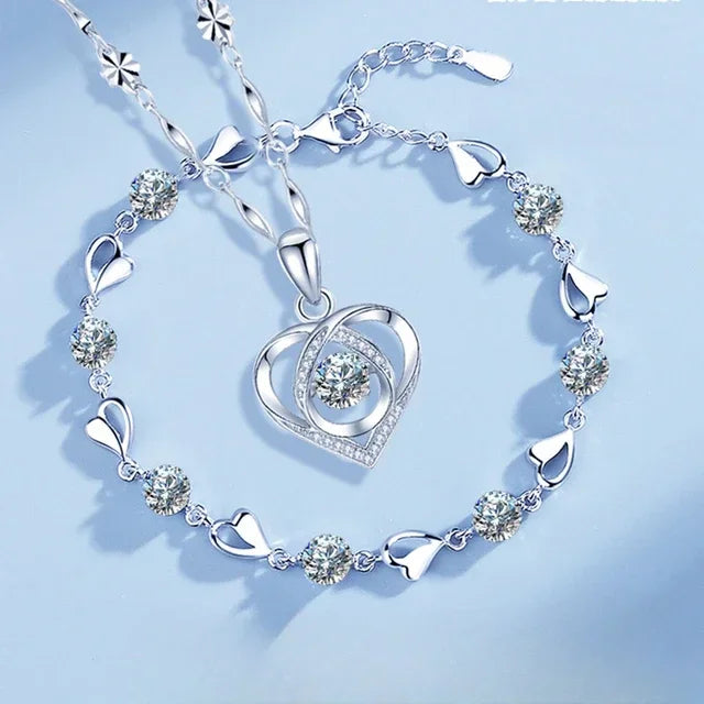 925 Sterling Silver Heart Shaped Necklace Bracelet Set for Women Vintage Korean Crystal Bracelets High Quality Set Party Jewelry BEAUTY ABAYA BOUTIQUE