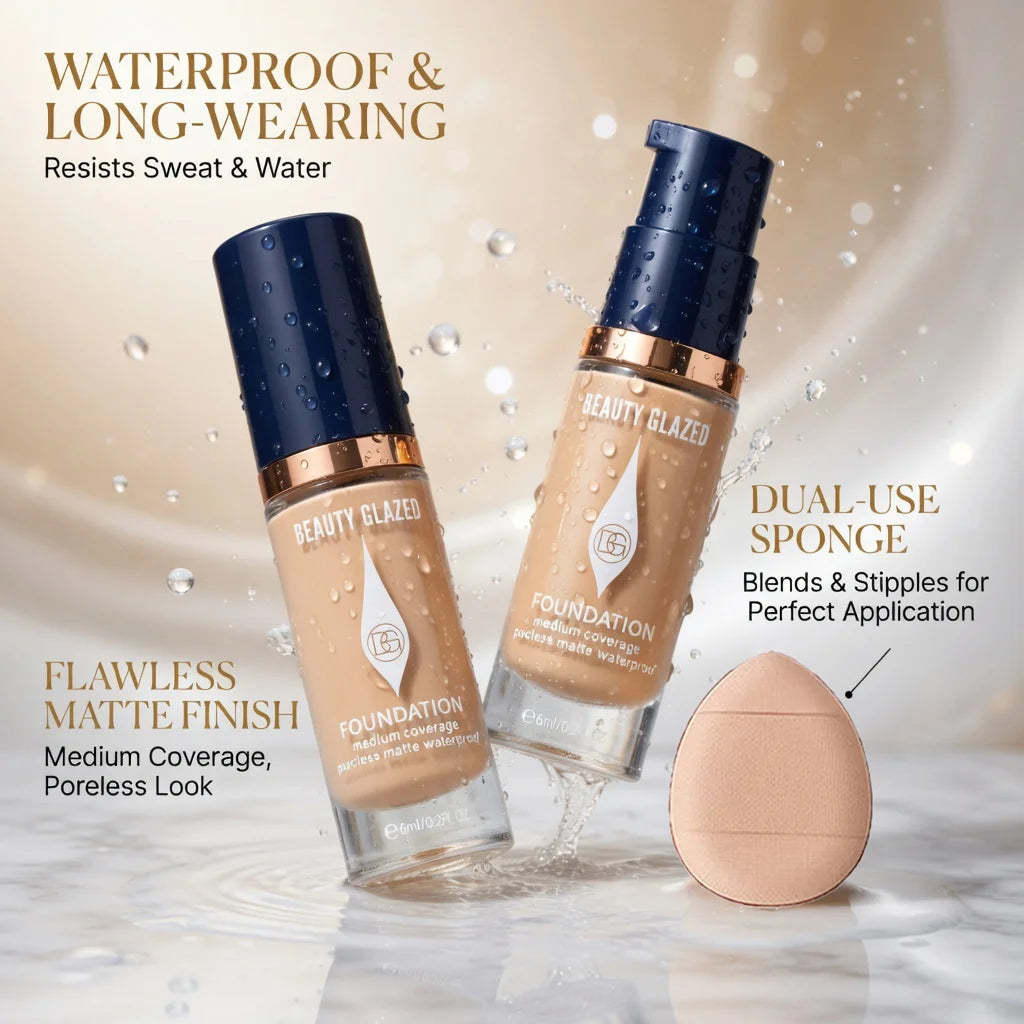 Face Foundation Makeup Set:2 Matte Foundation+1 Puff,Full Coverage,5 Shades,For All Skin Types,Long-Lasting Waterproof,Mini Size beautyabayaboutique.online