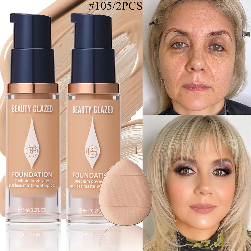 Face Foundation Makeup Set:2 Matte Foundation+1 Puff,Full Coverage,5 Shades,For All Skin Types,Long-Lasting Waterproof,Mini Size beautyabayaboutique.online