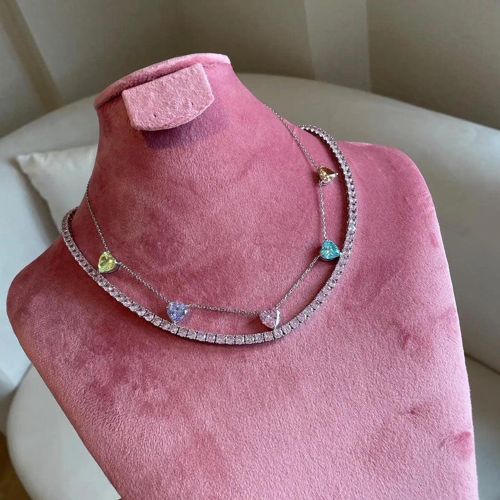 5 PCS Big Heart Shaped Stone Birthstone Pastel Colorful Fashion Women Jewelry Charm Choker Necklace