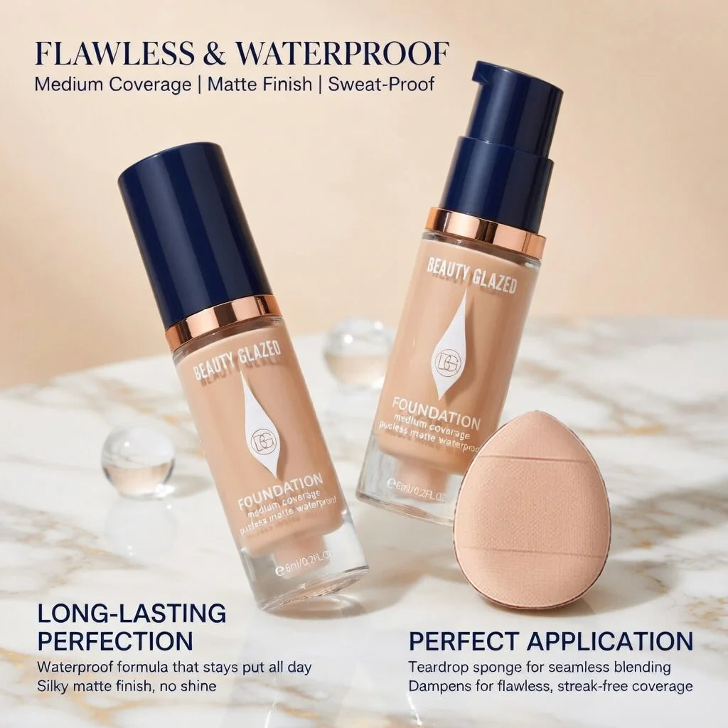 Face Foundation Makeup Set:2 Matte Foundation+1 Puff,Full Coverage,5 Shades,For All Skin Types,Long-Lasting Waterproof,Mini Size beautyabayaboutique.online