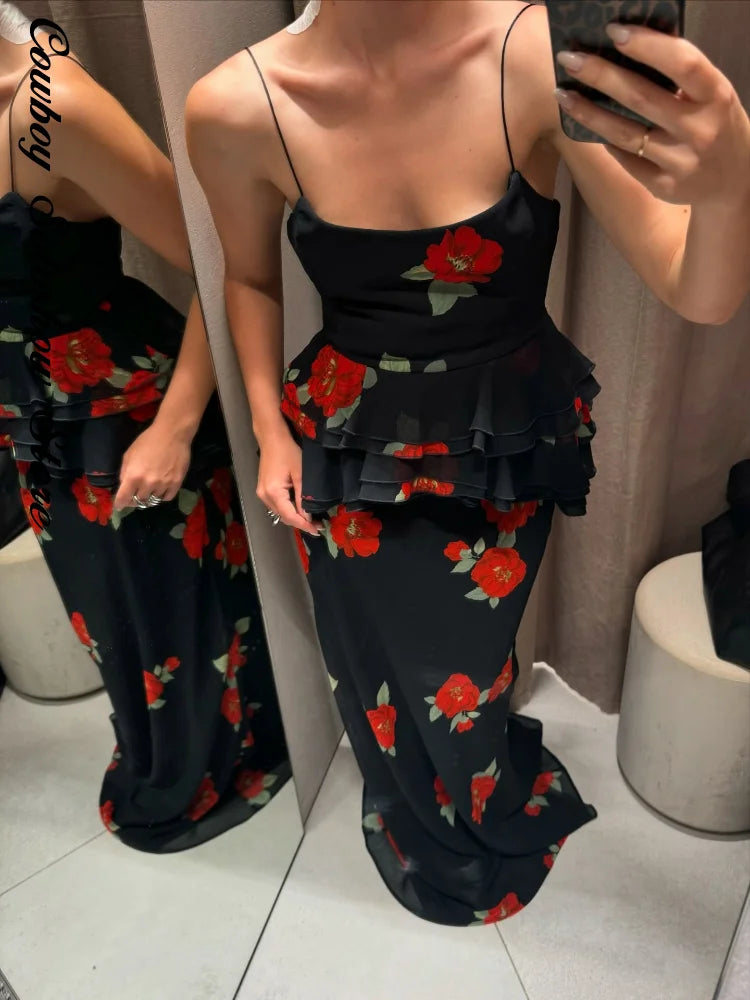 Printed Ruffle Top Skirt Set Women Slim Sling Sleeveless Backless Vest Straight Long Skirts 2025 Summer Elegant Sexy Lady Outfit Chictechhub