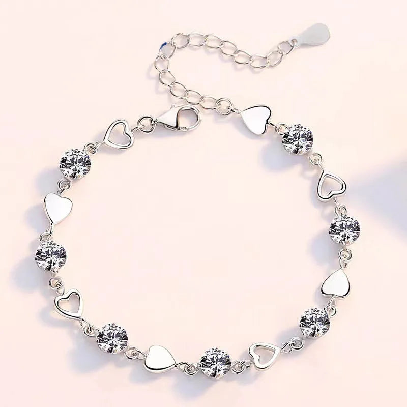 925 Sterling Silver Heart Shaped Necklace Bracelet Set for Women Vintage Korean Crystal Bracelets High Quality Set Party Jewelry BEAUTY ABAYA BOUTIQUE
