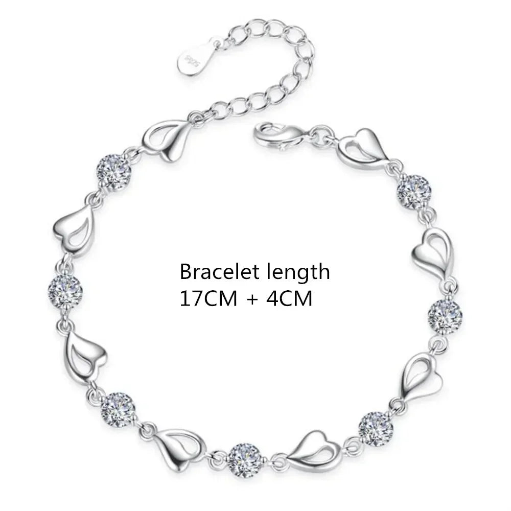 925 Sterling Silver Heart Shaped Necklace Bracelet Set for Women Vintage Korean Crystal Bracelets High Quality Set Party Jewelry BEAUTY ABAYA BOUTIQUE