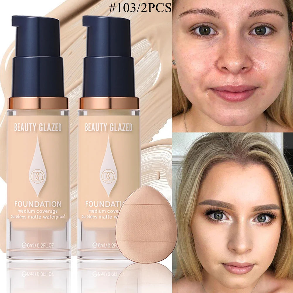 Face Foundation Makeup Set:2 Matte Foundation+1 Puff,Full Coverage,5 Shades,For All Skin Types,Long-Lasting Waterproof,Mini Size beautyabayaboutique.online