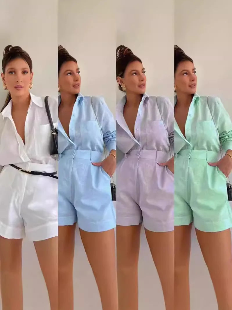 Women's Long Sleeve 2-Piece Set Casual Button Detail Shorts Outfit with Shirt Top Summer Fashion Female Suit Chictechhub
