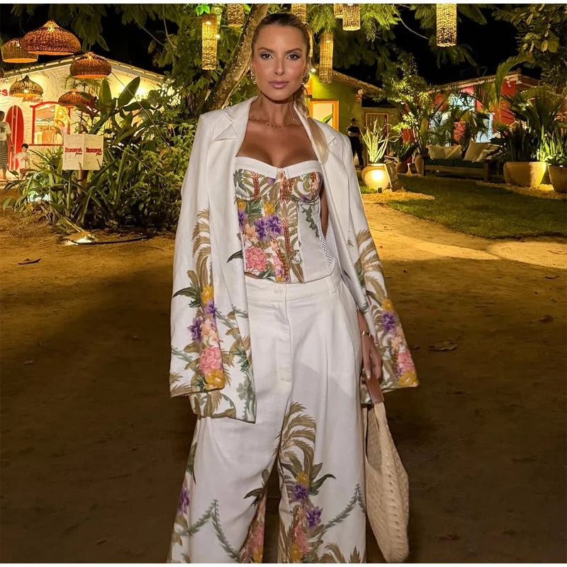 Floral Print Pants 3-piece Set Women Elegant Oversized Blazer Corset Top Sling Top Suit 2026 New Lady Holiday Bohemian Outfit Chictechhub